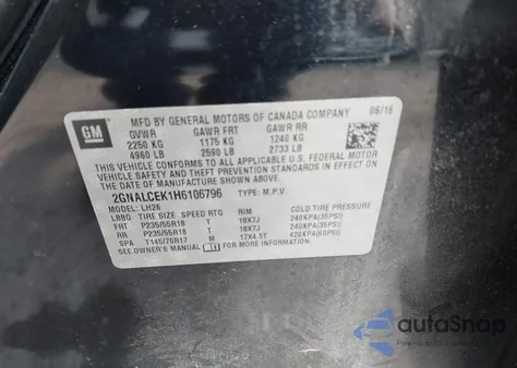 2017 Chevrolet Equinox Lt z USA, uszkodzony, nr VIN 2GNALCEK1H6106796